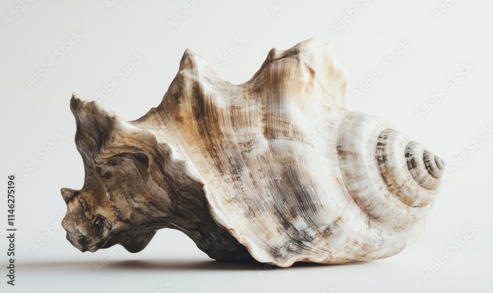 A large shell is laying on a white surface A large shell is laying on a white surface