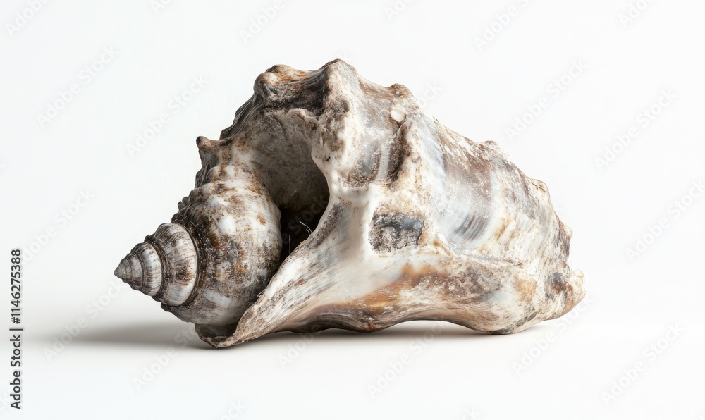 A shell is laying on a white background A shell is laying on a white background