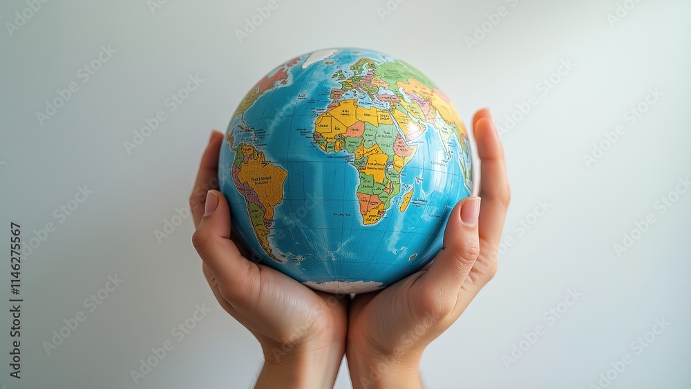 Hands Holding a World Globe Against a Light Background. Hands Holding a World Globe Against a Light Background.