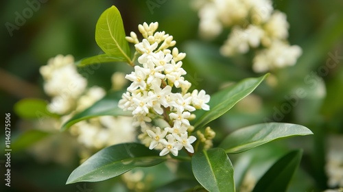 Delicate white fragrant flowers of the privet bush bloom vibrantly, showcasing the beauty and appeal of the privet bush with its lovely white flowers, perfect for enhancing any garden setting.