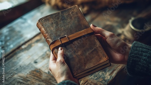 Antique Leather Journal Closeup Rustic Wooden Table Background Brown Vintage Book photo