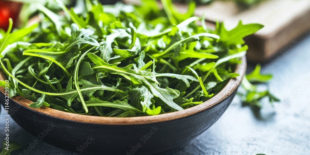 Fresh green arugula displayed in a bowl on a table, highlighting arugula as a vibrant option for salads. This close up of fresh green arugula emphasizes its appeal for healthy eating and diet choices. Fresh green arugula displayed in a bowl on a table, highlighting arugula as a vibrant option for salads. This close up of fresh green arugula emphasizes its appeal for healthy eating and diet choices.