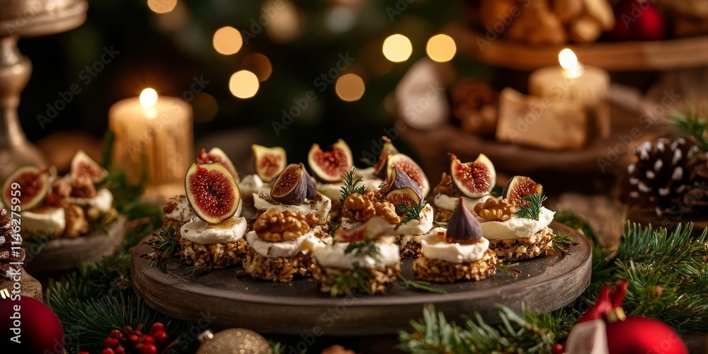 A festive dining scene showcases a variety of canapes, including goat cheese, walnuts, and figs, creating a Christmas food backdrop. Space for banners is included for holiday decorations. A festive dining scene showcases a variety of canapes, including goat cheese, walnuts, and figs, creating a Christmas food backdrop. Space for banners is included for holiday decorations.