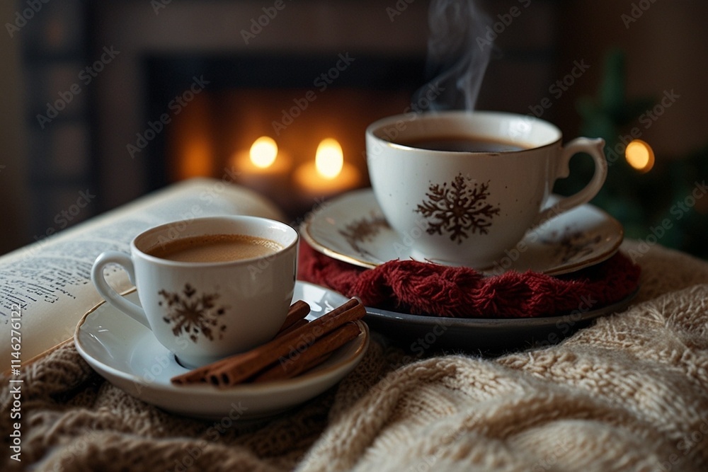 A cozy Christmas morning spent curled up with a book and a steaming cup of coffee, the perfect combination of relaxation and indulgence. A cozy Christmas morning spent curled up with a book and a steaming cup of coffee, the perfect combination of relaxation and indulgence.