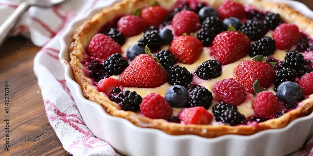 Delicious fruit pudding clafoutis featuring an array of berries, strawberry, raspberry, blueberry, and blackberry. Experience the delightful flavors in this berry infused clafoutis dessert. Delicious fruit pudding clafoutis featuring an array of berries, strawberry, raspberry, blueberry, and blackberry. Experience the delightful flavors in this berry infused clafoutis dessert.