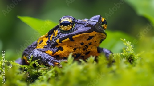 Yellow bellied toad resting in lush grass, showcasing its unique colors and patterns, with a softly blurred background enhancing the focus on the yellow bellied toad s vibrant appearance. photo