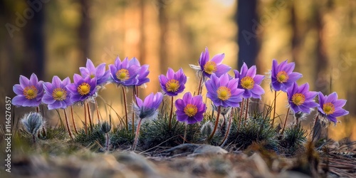Beautiful Pulsatilla patens spring flowers blooming in a serene forest setting, showcasing the vibrant and delicate nature of Pulsatilla patens during the refreshing spring season.