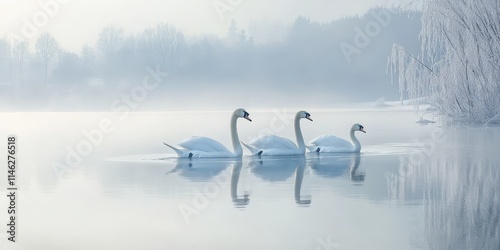 Fototapeta Naklejka Na Ścianę i Meble -  Swans gracefully glide across the serene winter lake, embodying the tranquility of nature in winter. The sight of swans on a winter lake creates a peaceful atmosphere for all nature lovers.