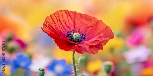 Vibrant single red poppy Papaveraceae stands out beautifully against a colorful meadow flower backdrop, creating a stunning visual of nature s diversity with the striking red poppy in focus. photo