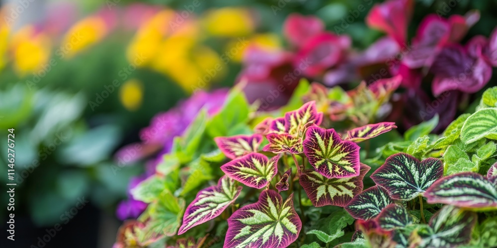 Obraz premium Lush view of a stunning coleus solenostemon plant thriving in a vibrant garden setting. This coleus solenostemon showcases its exquisite foliage, enhancing the garden s natural beauty.