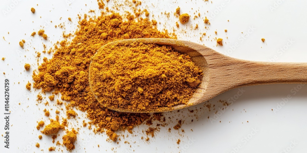 Curry blend featuring ground turmeric, fenugreek, coriander, ginger, cumin, allspice, chili, nutmeg, and cardamom is mixed with a wooden spoon against a white background, creating a vibrant curry