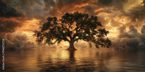 Oak tree submerged in water at sunrise, showcasing the beauty of oak trees surrounded by storm clouds in a serene landscape, creating a captivating scene with the oak tree s majestic presence. photo