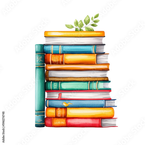 Colorful Watercolor Stack of Books with Green Leaves photo