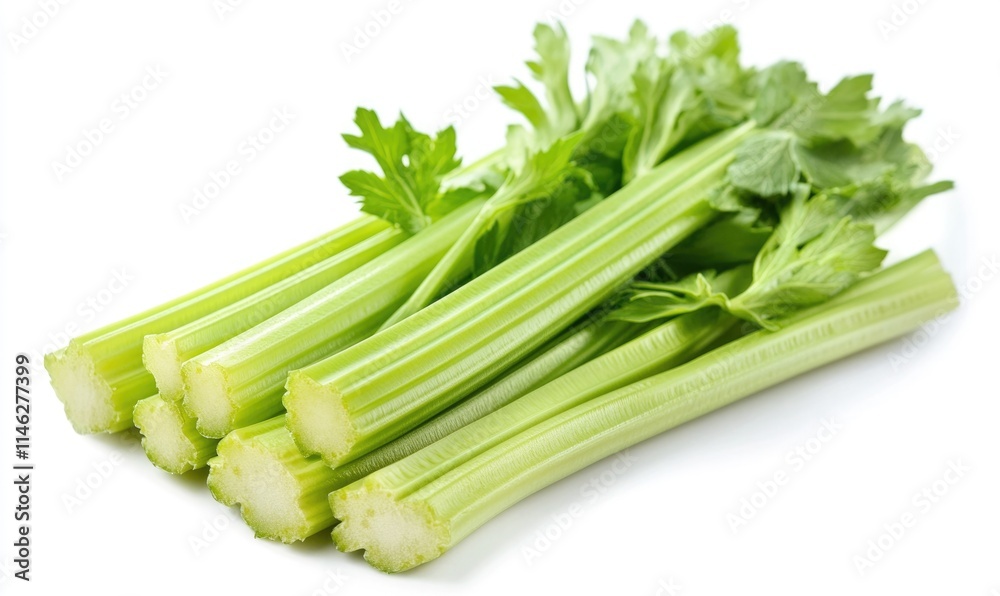 A bunch of celery stalks are on a white background A bunch of celery stalks are on a white background