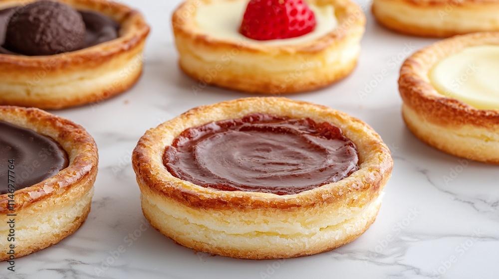 Assorted Mini Fruit and Chocolate Tarts on Marble Assorted Mini Fruit and Chocolate Tarts on Marble