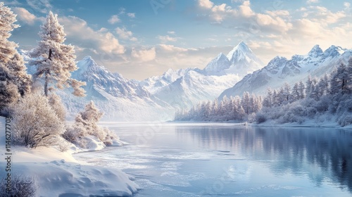 A beautiful winter scene featuring majestic snow capped mountains alongside a serene frozen lake, capturing the essence of winter in this picturesque winter landscape.