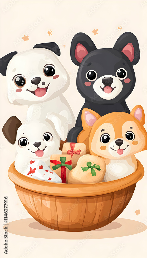 Obraz premium Cute Cartoon Dogs in Basket with Gifts, Holiday Design, Festive Background, Greeting Card.