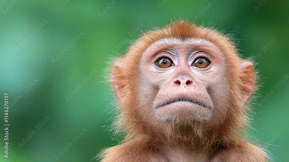 Obraz premium Close-up portrait of a young brown monkey looking directly forward against a soft green blurred background.
