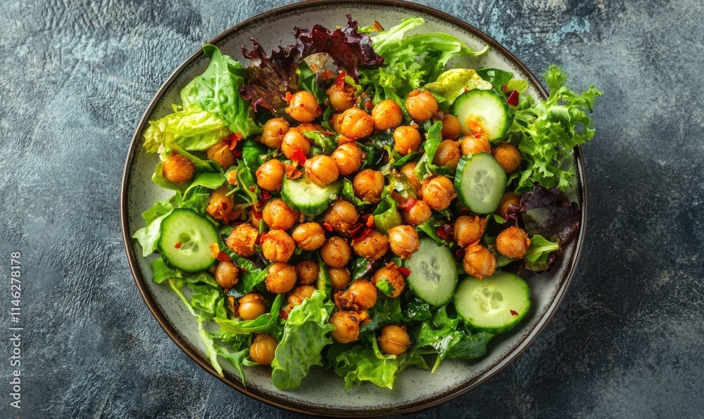 A salad with chickpeas, cucumbers, and lettuce A salad with chickpeas, cucumbers, and lettuce