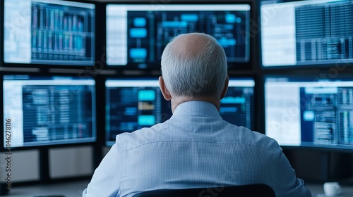 A focused individual analyzes data on multiple screens in a control room, showcasing a high-tech environment.