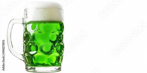A large beer stein filled with vibrant green beer, showcasing the essence of celebration, is beautifully isolated against a clean white background, emphasizing the unique beer experience.