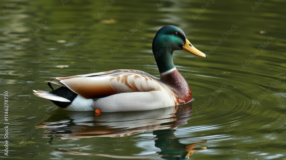 Colorful mallard duck swimming peacefully in a serene pond surrounded by lush greenery Colorful mallard duck swimming peacefully in a serene pond surrounded by lush greenery