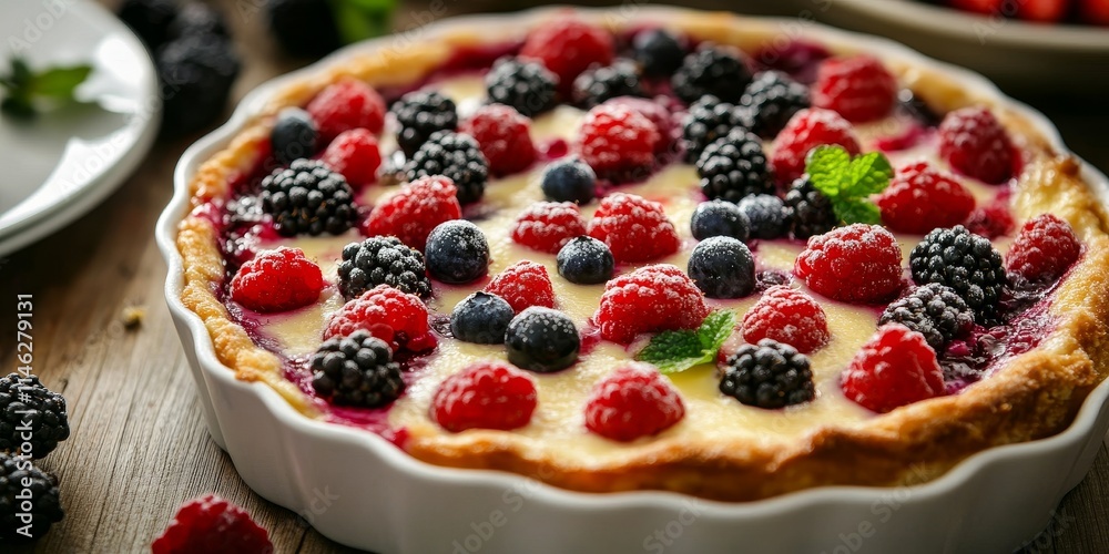 Delicious fruit pudding clafoutis featuring an array of berries, strawberry, raspberry, blueberry, and blackberry. Experience the delightful flavors in this berry infused clafoutis dessert. Delicious fruit pudding clafoutis featuring an array of berries, strawberry, raspberry, blueberry, and blackberry. Experience the delightful flavors in this berry infused clafoutis dessert.