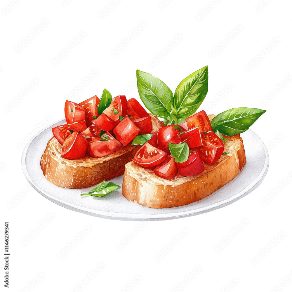 Watercolor Illustration of Tomato Bruschetta on Plate