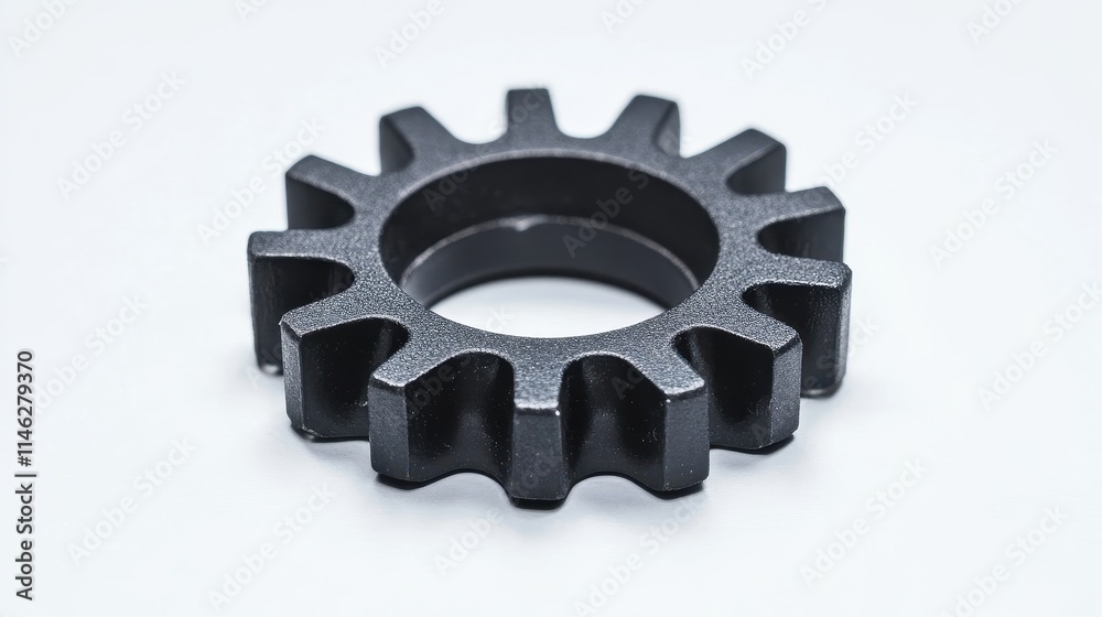 Close-Up of Metallic Black Gear on White Background Close-Up of Metallic Black Gear on White Background