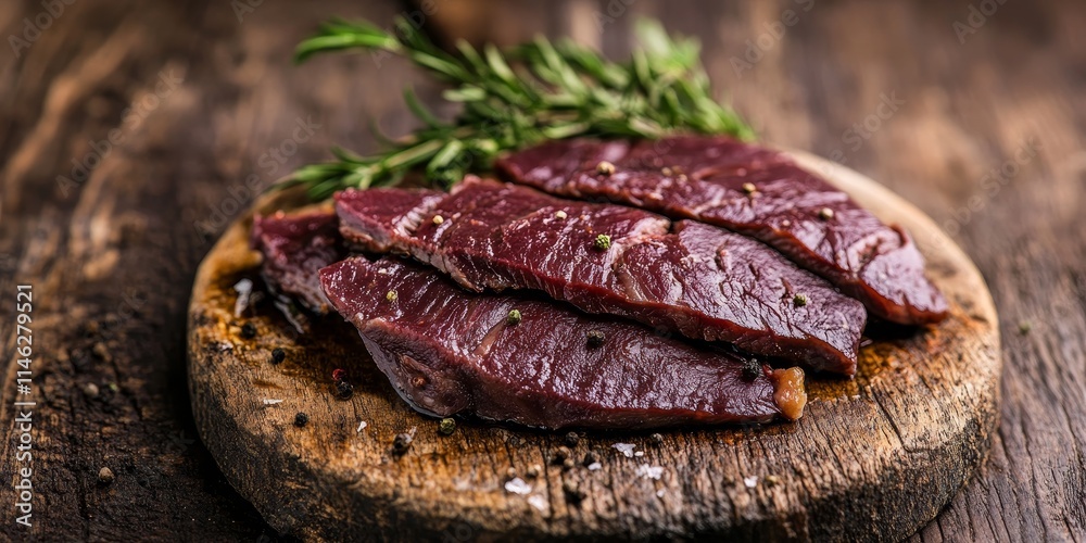Filleted smoked red deer maral displayed on a rustic wooden background, showcasing the rich textures and flavors of smoked red deer maral in an appealing presentation. Filleted smoked red deer maral displayed on a rustic wooden background, showcasing the rich textures and flavors of smoked red deer maral in an appealing presentation.