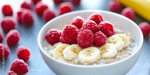 Nourishing and fresh breakfast featuring oatmeal, yogurt, and vibrant fresh raspberries and banana. Enjoy a healthy breakfast with oatmeal for a delightful start to your day. photo