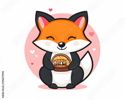 Cute Fox Holding Salmon Gift, Valentine's Day, Pink Background, Logo Design. photo