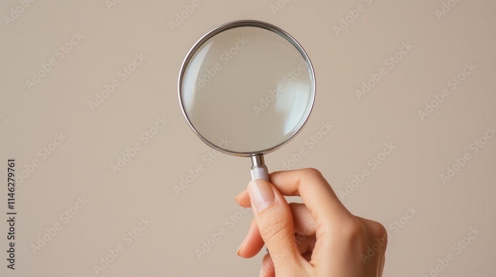 Closeup of a Hand Holding a Magnifying Glass Against a Neutral Background for Detailed Examination and Exploration Closeup of a Hand Holding a Magnifying Glass Against a Neutral Background for Detailed Examination and Exploration