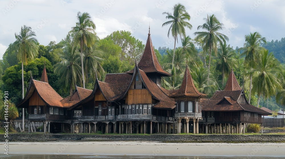 A traditional Indonesian mosque with tiered roofs, surrounded by palm trees A traditional Indonesian mosque with tiered roofs, surrounded by palm trees
