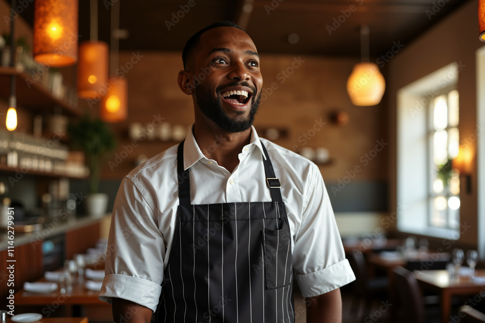 Fototapeta premium Bearded man wearing a white shirt and black apron is standing in a restaurant kitchen, smiling broadly with his hands on his hips.