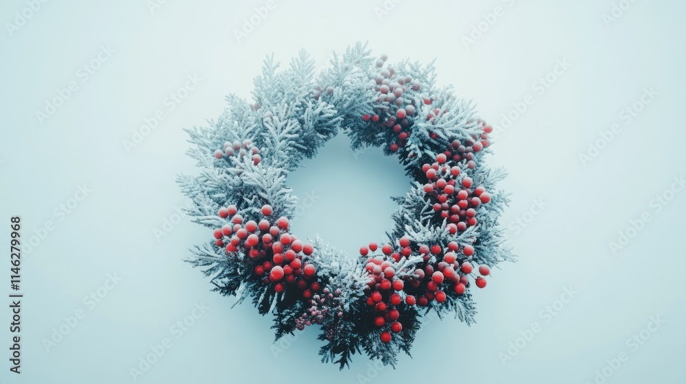 Snowy Christmas wreath with red berries on a light blue background. Snowy Christmas wreath with red berries on a light blue background.