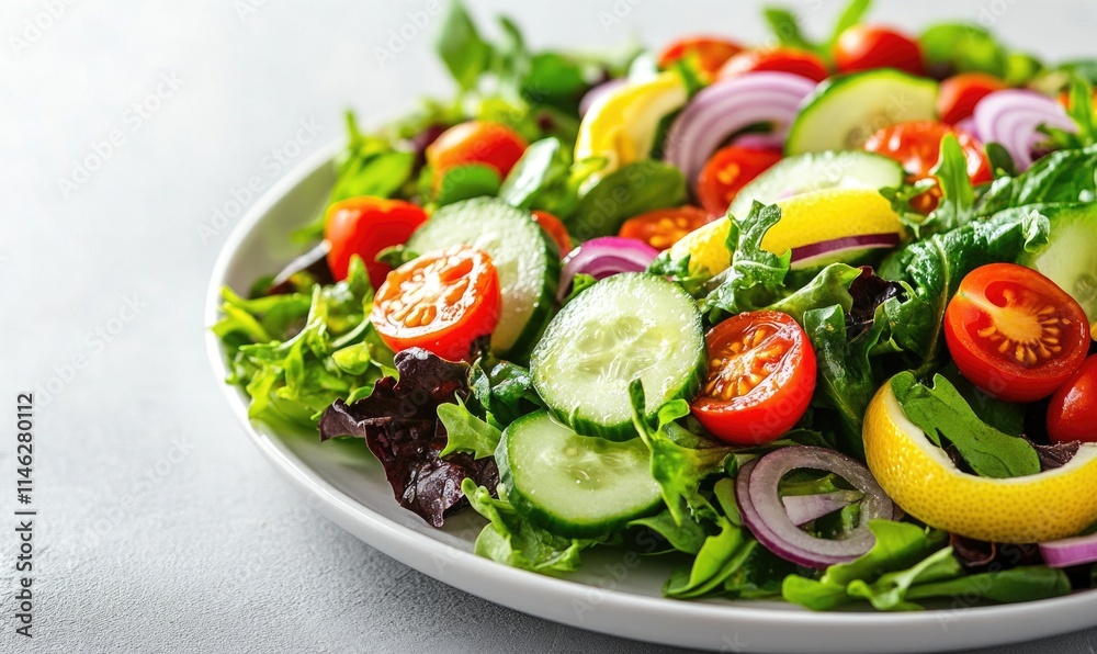 A salad with tomatoes, cucumbers, and onions on a white plate A salad with tomatoes, cucumbers, and onions on a white plate