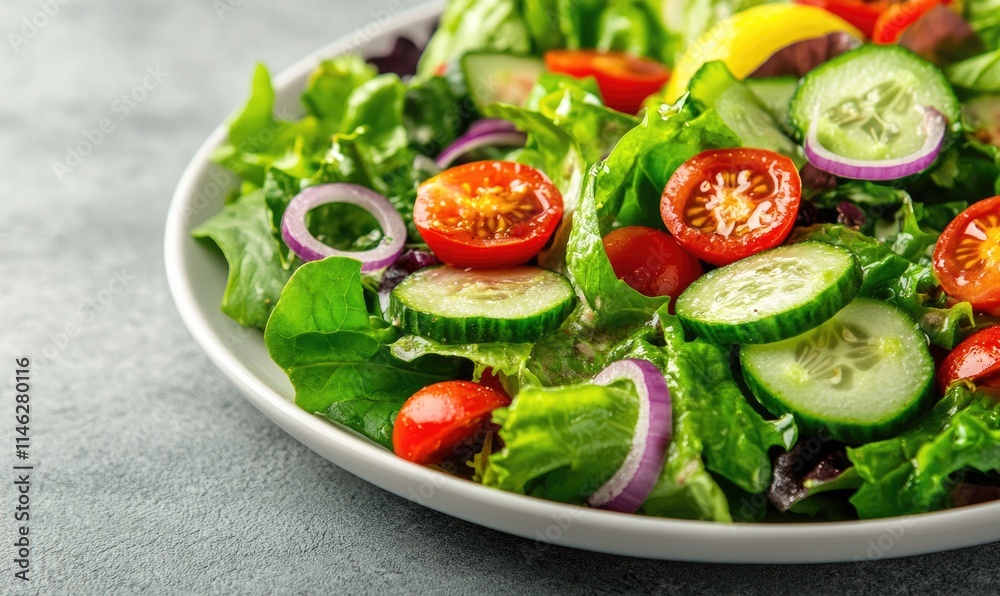 A salad with tomatoes, cucumbers, and onions on a white plate A salad with tomatoes, cucumbers, and onions on a white plate
