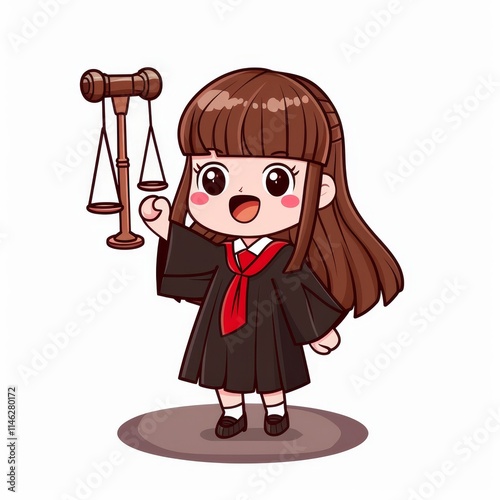Cute cartoon girl dressed as a lawyer holding a gavel and scales of justice.