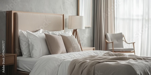 A fashionable luxury bedroom design in soft neutral shades showcases a wooden bed with an upholstered headboard, complemented by a lamp and a chair in the backdrop.