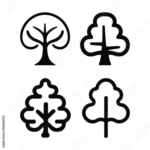 Simple Black Line Art Icons of Trees and Leaves