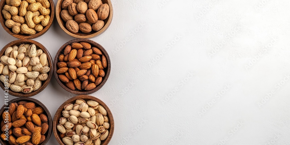 Assorted nuts arranged in wooden plates on a white background, showcasing the variety of nuts available, perfect for highlighting the beauty and diversity of nuts with ample copy space. Assorted nuts arranged in wooden plates on a white background, showcasing the variety of nuts available, perfect for highlighting the beauty and diversity of nuts with ample copy space.