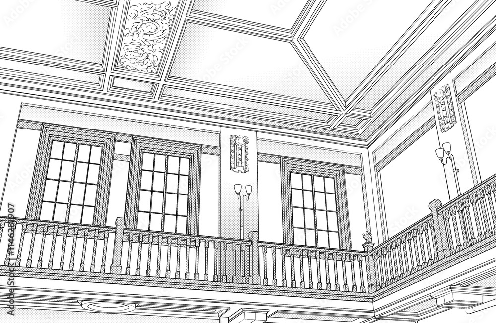 漫画風ペン画イラスト 明治大正_廊下 漫画風ペン画イラスト 明治大正_廊下