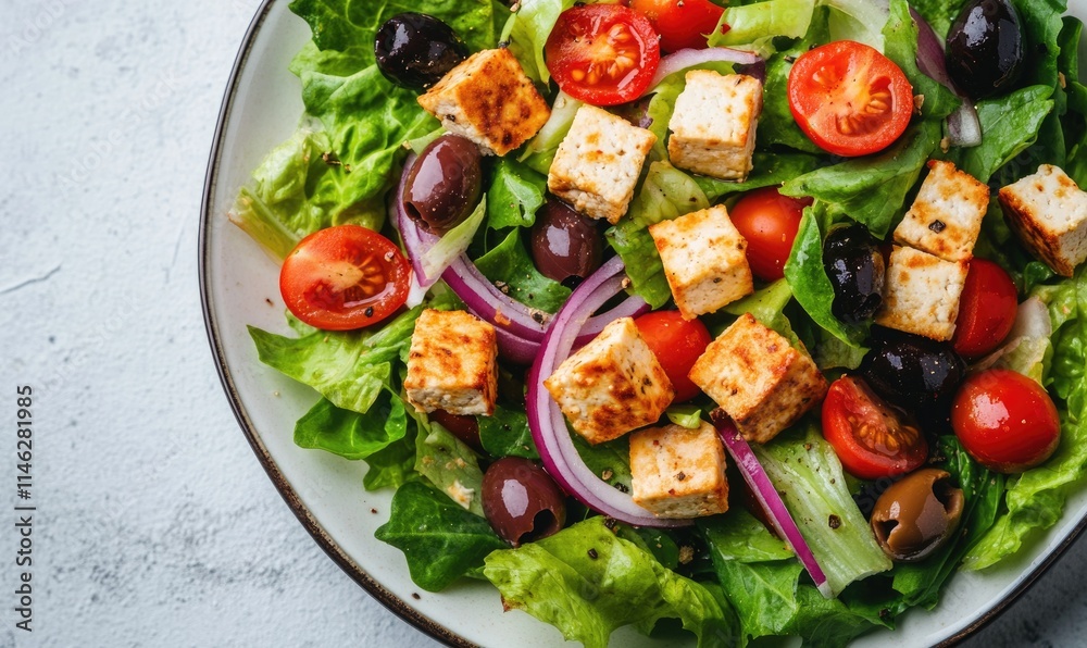A salad with lettuce, tomatoes, and onions A salad with lettuce, tomatoes, and onions