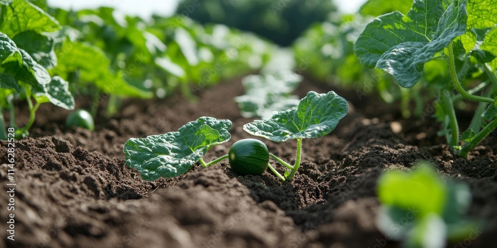 Fototapeta premium Solar powered mole repellent tool emits sonic pulses in a cucumber field, safeguarding plant roots from underground rodents. This environmentally friendly technology device effectively protects crops.