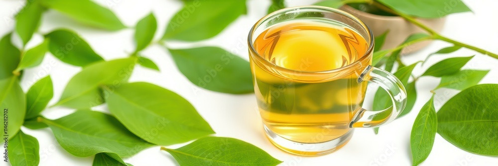 Herbal tea served in a clear glass cup surrounded by fresh green leaves on a light background during a peaceful afternoon Herbal tea served in a clear glass cup surrounded by fresh green leaves on a light background during a peaceful afternoon