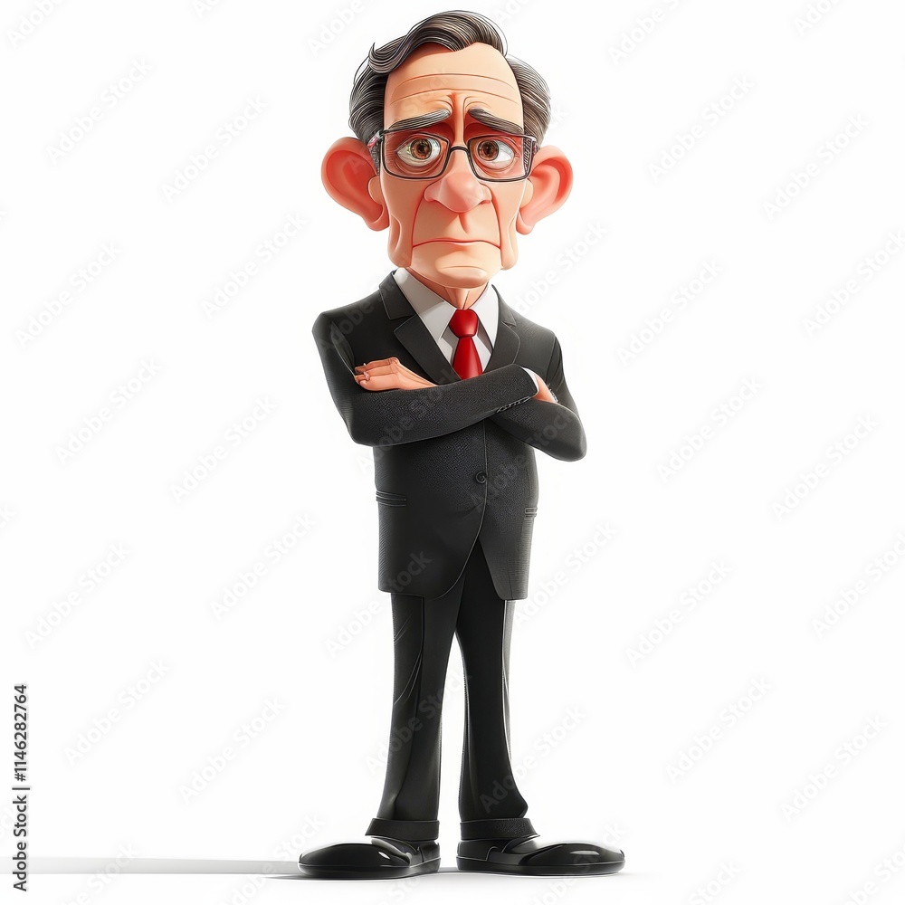 A 3D cartoon illustration of a businessman with a serious expression, arms crossed, standing on a white background. A 3D cartoon illustration of a businessman with a serious expression, arms crossed, standing on a white background.