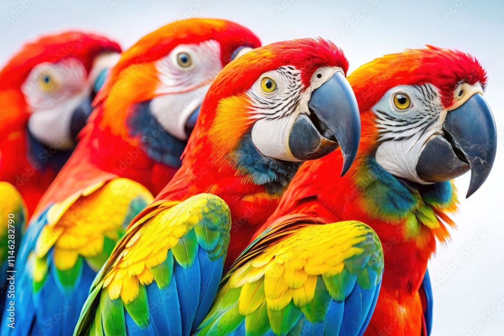 Obraz premium Stunning high-resolution image of vibrant macaws against a pristine white backdrop.