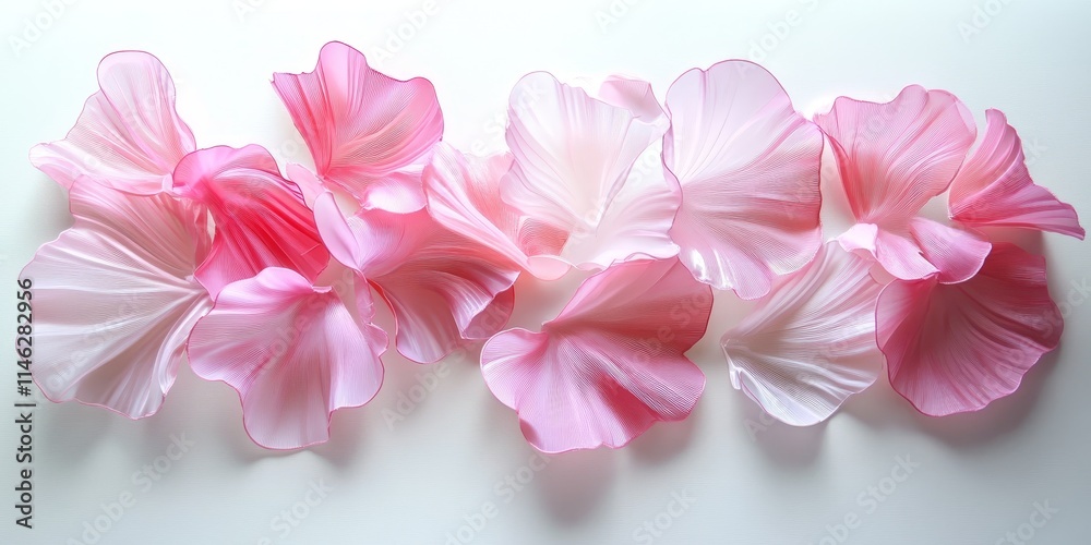 A collection of pink plastic petals arranged on a white background, showcasing the delicate beauty and vibrant color of pink plastic petals in an elegant composition. A collection of pink plastic petals arranged on a white background, showcasing the delicate beauty and vibrant color of pink plastic petals in an elegant composition.