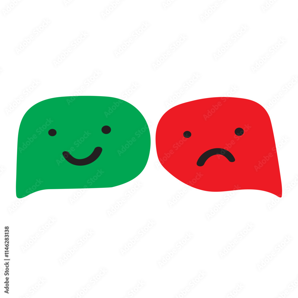 Happy and unhappy faces. Speech bubbles. Hand drawn illustration on white background. Happy and unhappy faces. Speech bubbles. Hand drawn illustration on white background.